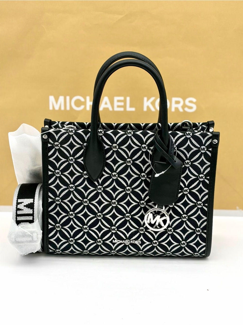 Michael Kors Mirella Small Metallic Logo Jacquard Crossbody Bag Black/Silver - Picture 11 of 12